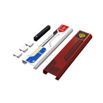 Expandable track joiners with small blocks and rails in blue, white, and red, likely sliding extrusion components.