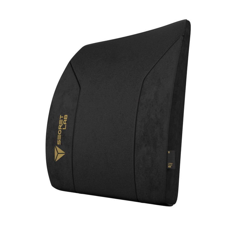 A black ergonomic lumbar support pillow with yellow branding on one side. The pillow has a sleek design, featuring a textured pattern on the side edges and a smooth central panel.