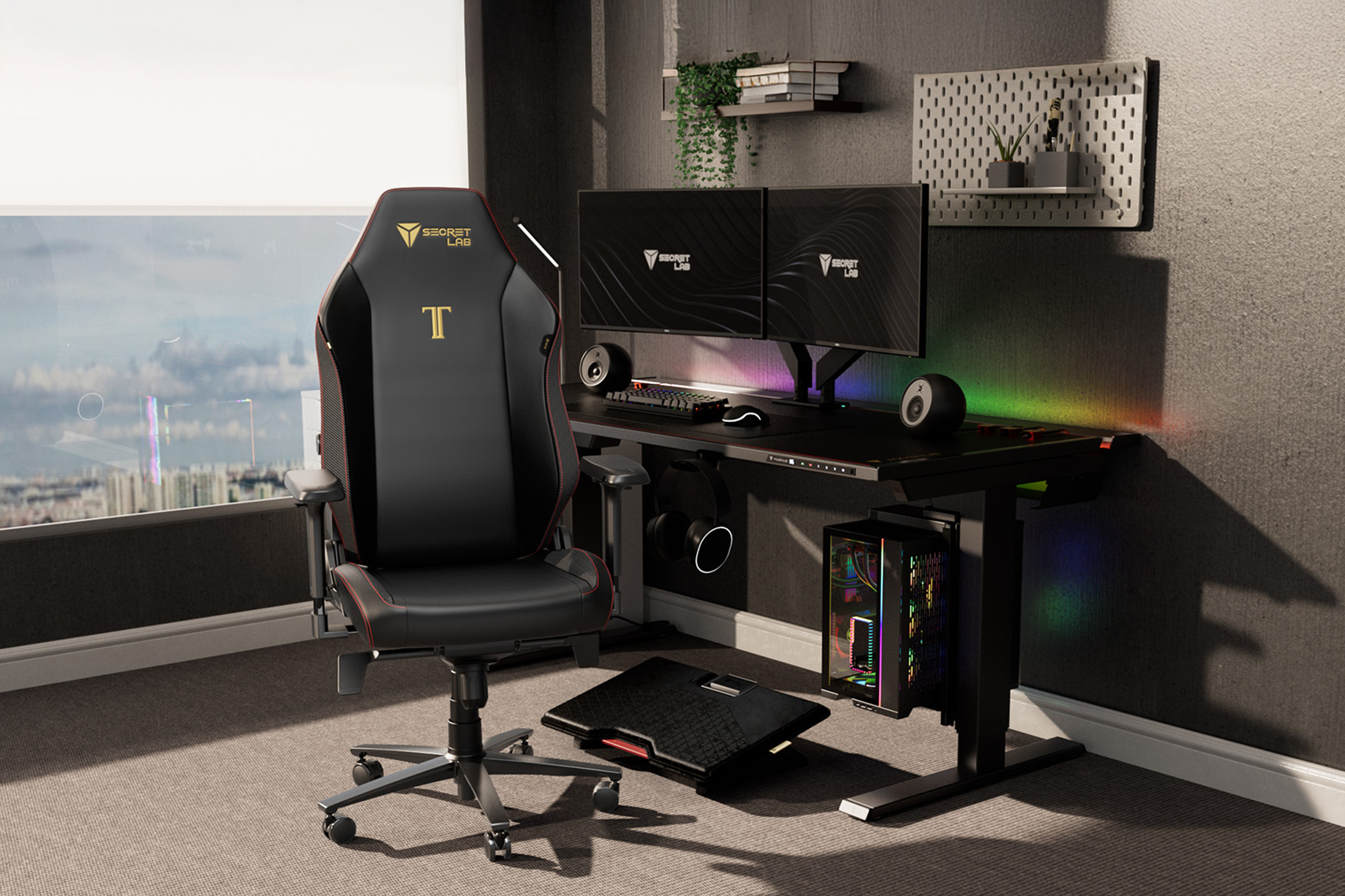 Secretlab Titan Evo chair at a standing gaming desk with dual monitors in a bedroom battle station