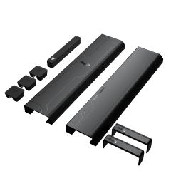 A set of sleek, black electronic devices arranged in an organized layout. The set includes two long, rectangular devices, a smaller rectangular device, three small square units, and two small rectangular units. The devices display minimalist designs with subtle lines.