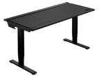 A black, rectangular standing desk with a sleek design and a flat surface. The desk has a sturdy frame with two legs and an adjustable height feature, allowing the user to alternate between sitting and standing while working.