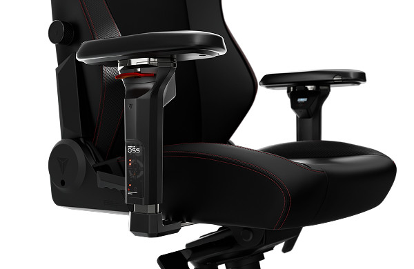 Dual black and red chassis monitor stand with VESA mounts and cable management system