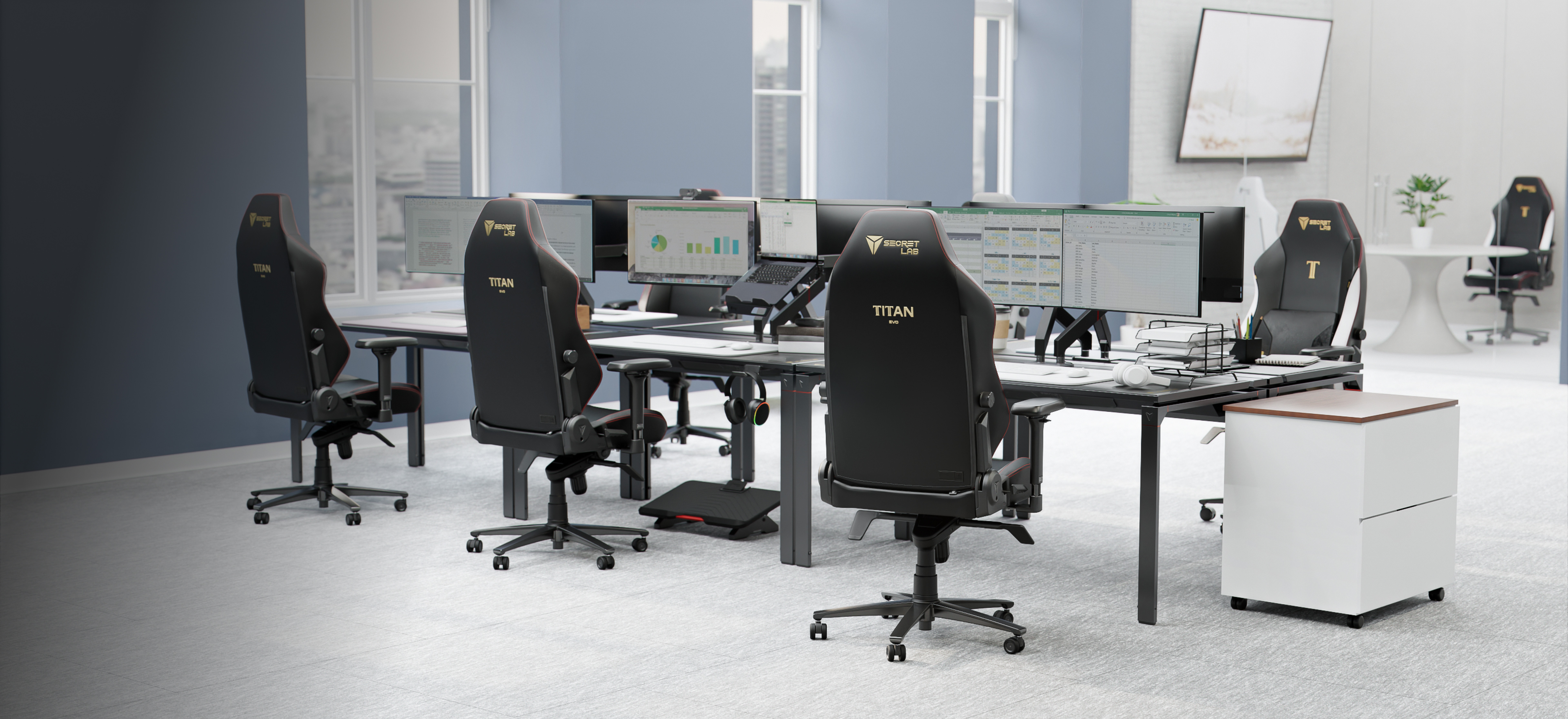 Open office workspace environment featuring Secretlab TITAN Evo chairs and Secretlab MAGNUS Metal desks
