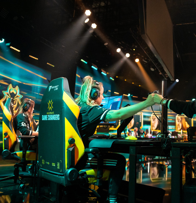 Esports team sitting on Secretlab TITAN Evo gaming chairs at The Valorant Game Changers esports tournament