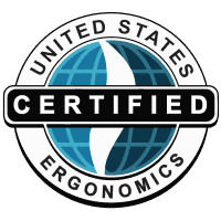 A circular logo with a blue and white globe in the background. The words 'UNITED STATES' are arched at the top, and 'ERGONOMICS' are arched at the bottom. A bold, black banner across the middle displays the word 'CERTIFIED' in white letters.