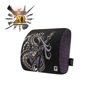 Secretlab Memory Foam Lumbar Pillow in Fatalis Edition pictured with the Monster Hunter 20th anniversary logo.