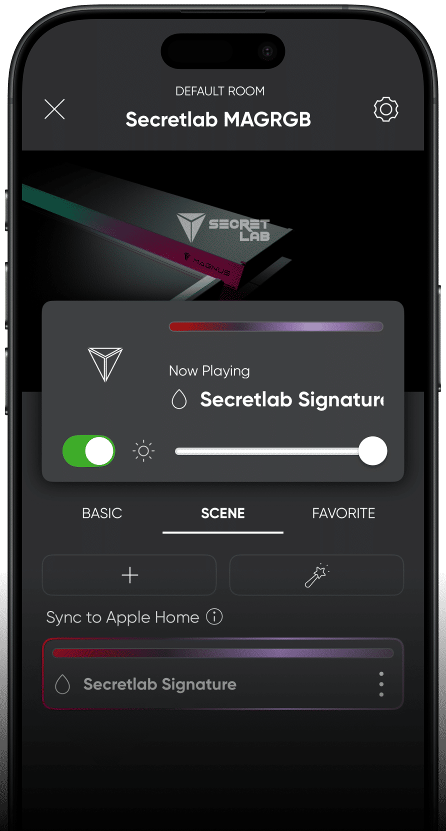 A phone screen of the Nanoleaf app that controls the Secretlab RGB light strip