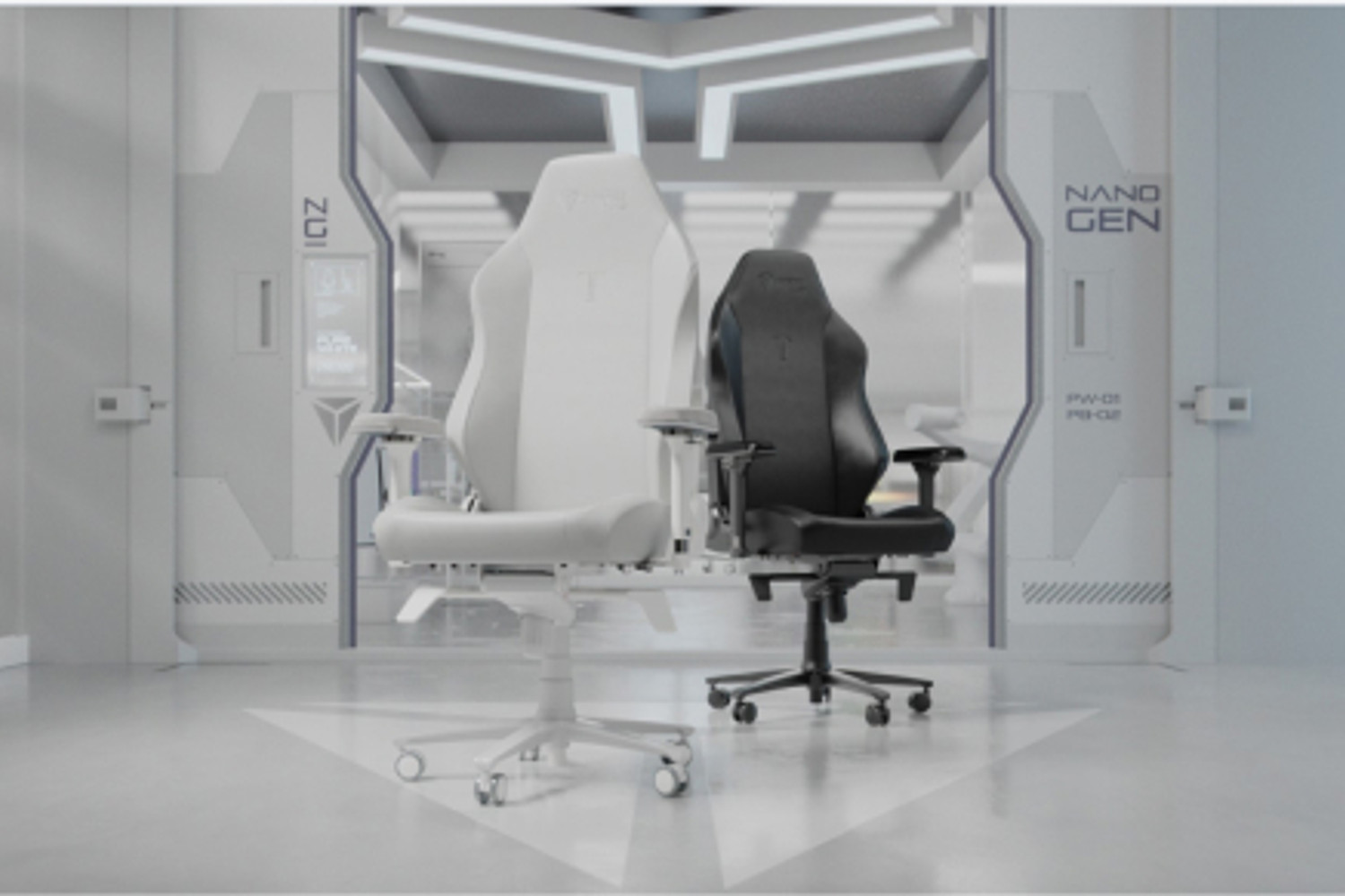 A sleek, futuristic room features two gaming chairs, one white and one black, positioned side by side. The room is designed with smooth, clean lines and a high-tech, modern aesthetic.