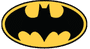 A yellow oval with a black bat silhouette inside. The bat has pointed ears and wings spread wide, creating a striking contrast against the yellow background. This is the iconic Bat-Signal, often associated with the superhero Batman.