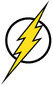 A bold yellow lightning bolt is depicted diagonally across a white circle with a black background. The lightning bolt is sharp and jagged, symbolizing energy and power. The image is simple and striking with a high contrast between the colors.