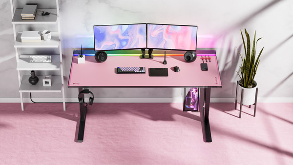 A modern gaming setup with a large pink desk featuring dual monitors on a stand, a keyboard, a mouse, and wrist rest. RGB lighting accents the desk's back edge. A shelf on the left holds gaming accessories, and a potted plant is on the right. The floor is carpeted pink.