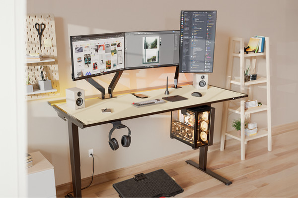 A minimalist workspace features a large desk with dual monitors, one in landscape and another in portrait orientation. Accessories include white speakers, a keyboard, a mouse, a headset, and a modern PC tower. Shelves display various decorative items and books.
