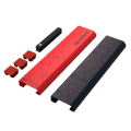Image showing a top-down view of disassembled mechanical keyboard keycaps and parts. There are four red keycaps, a black key switch puller, a long pink and red spacebar with patterns, and a longer gray and blue spacebar with patterns. Each item is spaced out evenly.