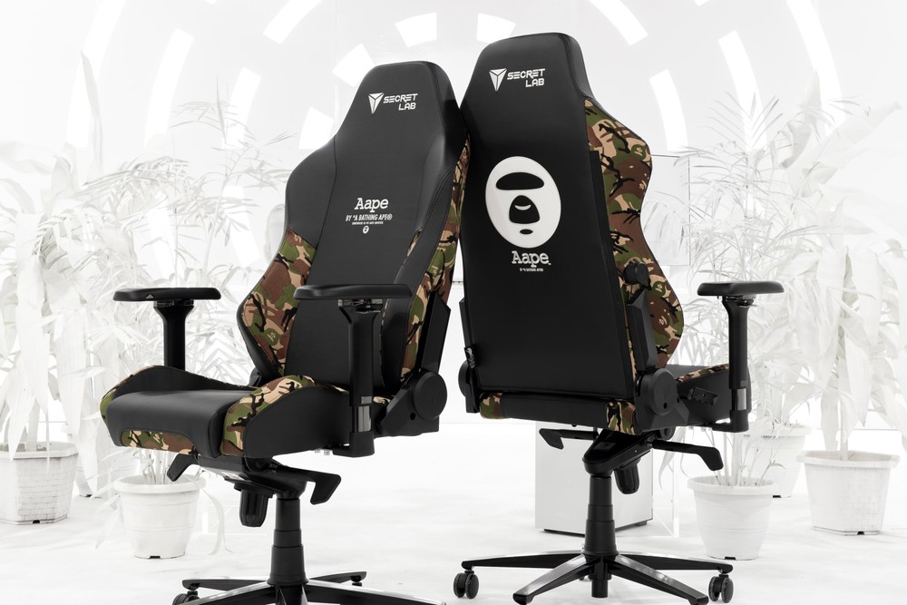 Front and back view of Secretlab AAPE Green Camo edition gaming chairs
