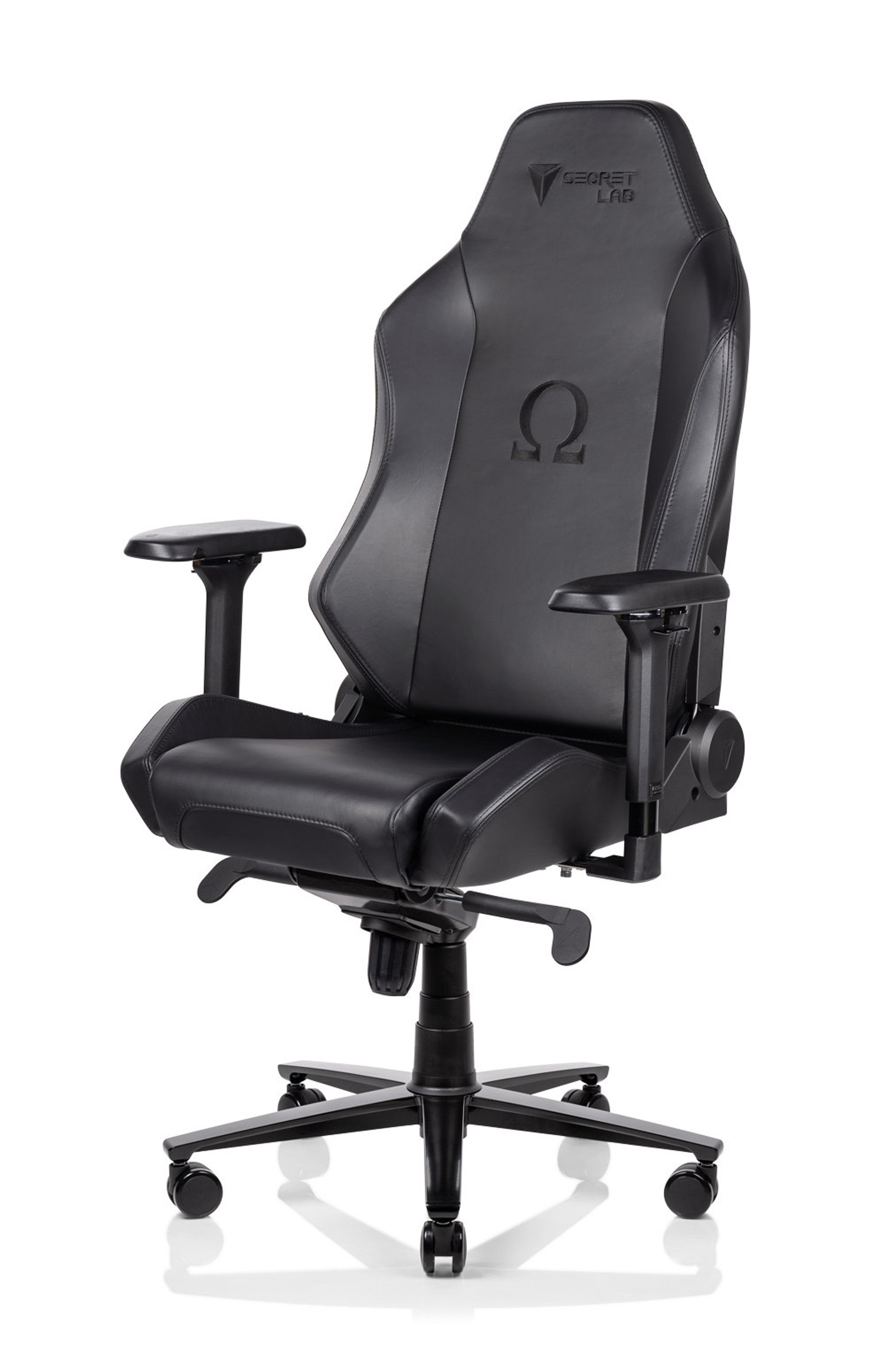 A black ergonomic gaming chair with an Omega logo and Secretlab branding. The chair has adjustable armrests, lumbar support, and a high backrest. It is set on a black five-wheel base.