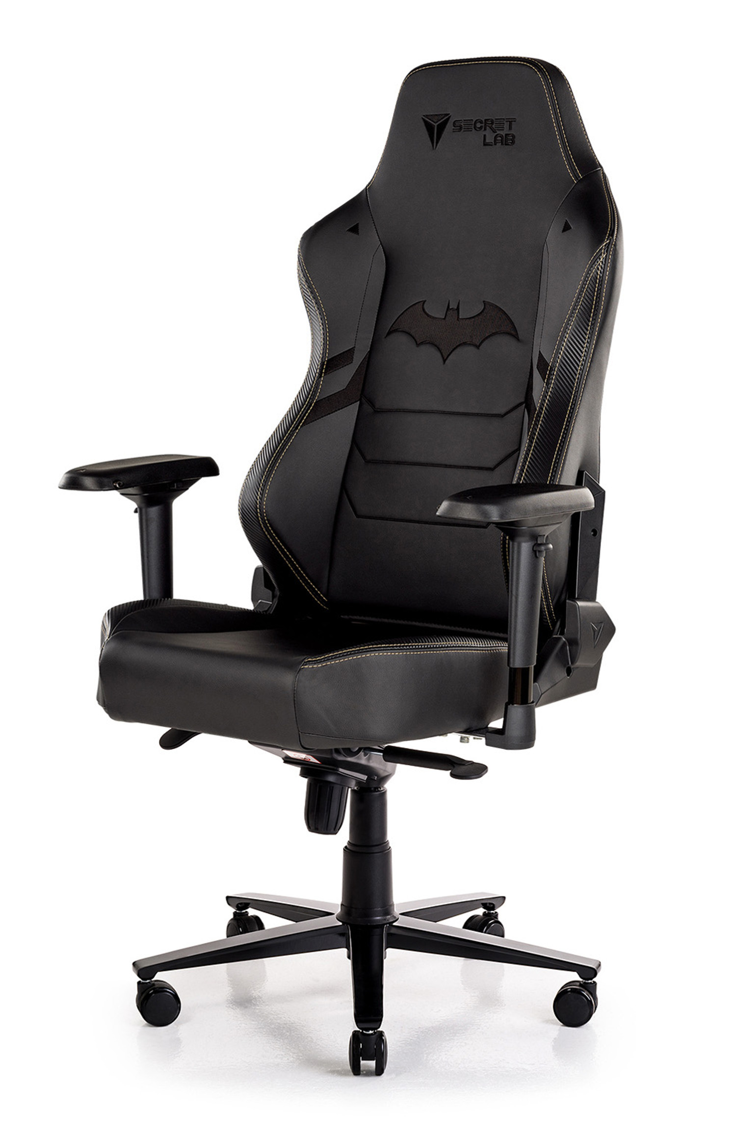A black gaming chair with the Secretlab logo at the top and a Batman symbol on the backrest. The chair features adjustable armrests, a high back with shoulder support, and a sturdy base with caster wheels.